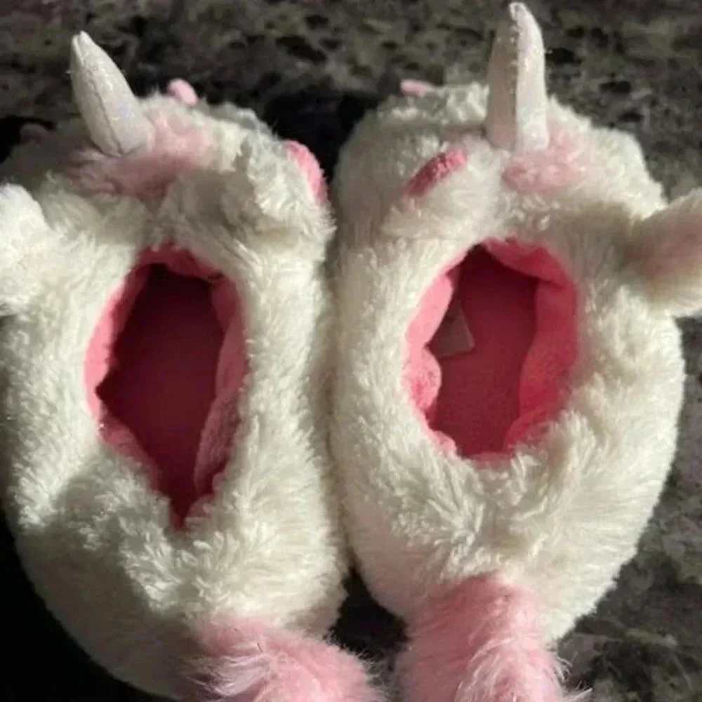 Toddler Unicorn House Shoes Size 6-7 White/Pink cotton lining Non-slip